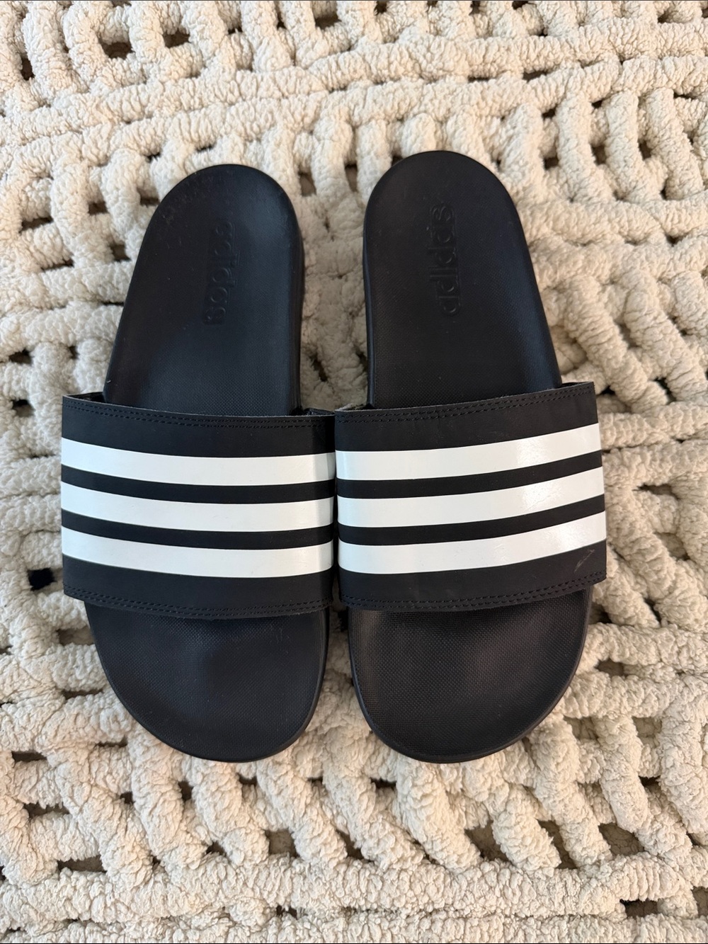 adidas Black Slides with White Three-Stripes